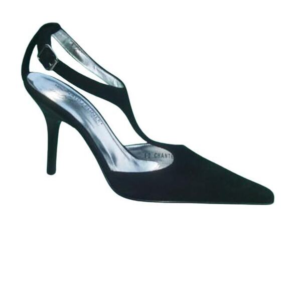 Donald Pliner Black Satin Leather Pump Shoe New T Strap Pointy Toe $350 NIB - Picture 3 of 4